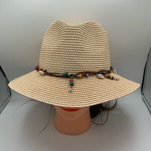 Beige Straw Fedora with Beaded Band